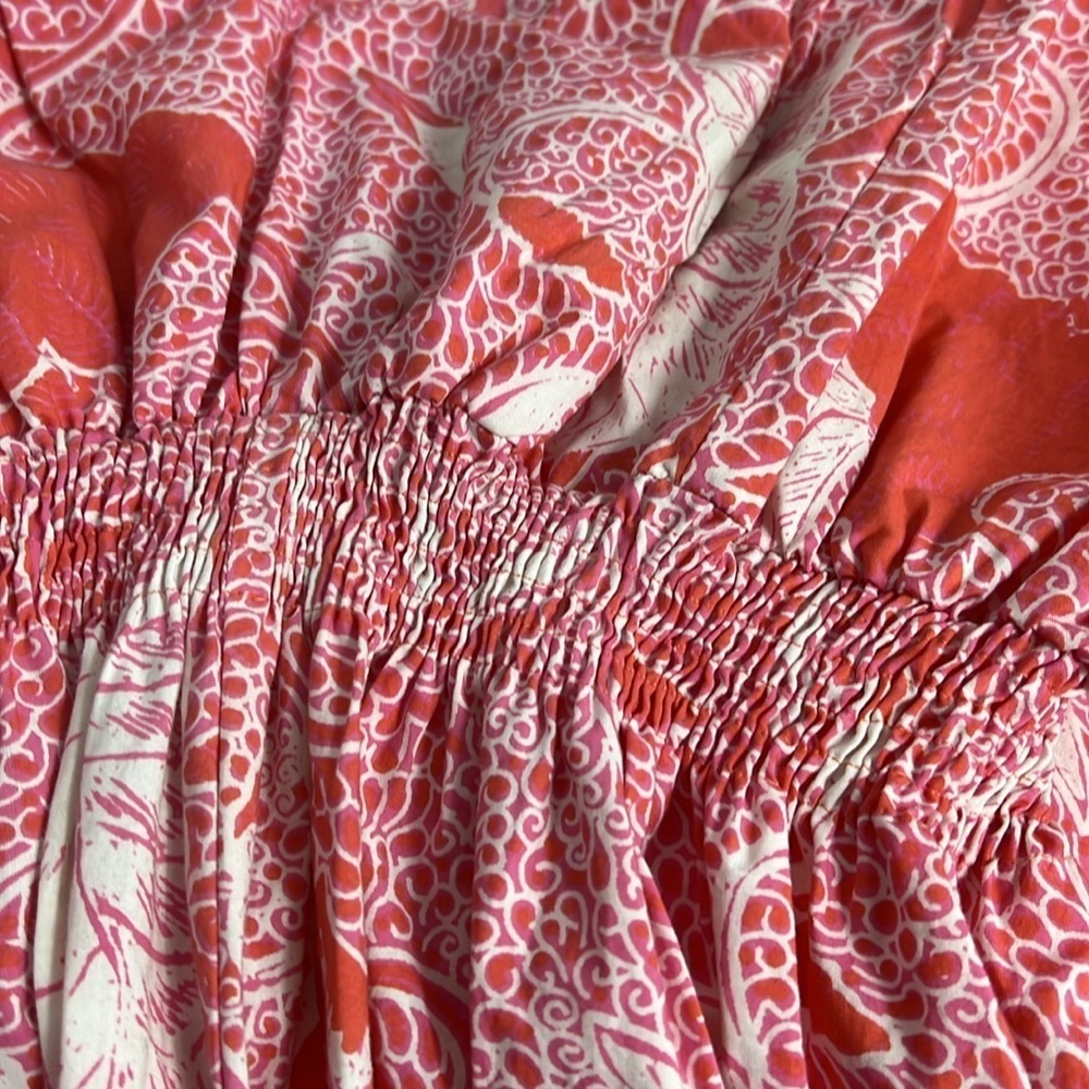 Fragonard Parfumeur One Size Caftan Tropical Print Maxi Dress Coral Smock Waist - Picture 5 of 15